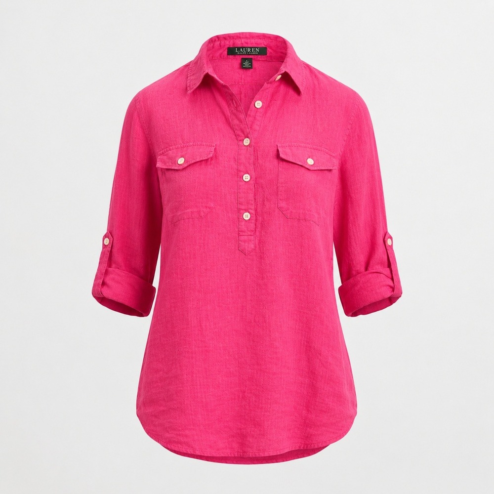 Lauren Ralph Lauren Pink 100% Linen Roll Tab Tunic Top Shirt Womens Large